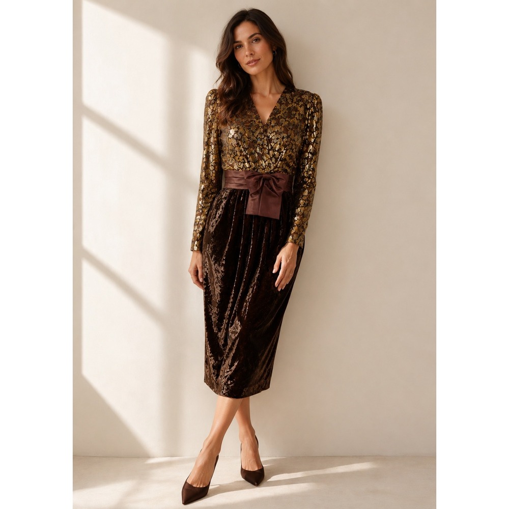 Escada Margaretha Ley Brown Velvet Metallic Leopard Dress Bow Waist 40 Vintage